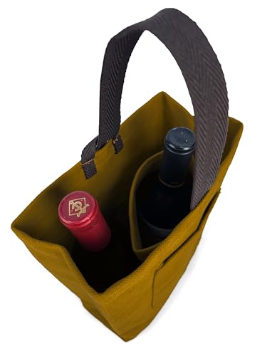 Under NY Sky Wine Tote Bag, Portable Canvas Carrier w/Shoulder Strap, Lightweight, Wine Gift for Travel & Picnic - Double Bottle - Mustard (Wine Bag 2 Slots Mustard) - color: Wine Bag 2 Slots Mustard