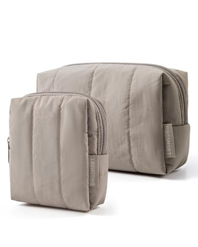 BAGSMART Makeup Bag Duo Set, Puffy Padded Travel Cosmetic Organizer with Slip-in Pockets, Large Toiletry Bag & Small Purse Pouch, Travel Essentials for Women, Greige - color: 14-Brown