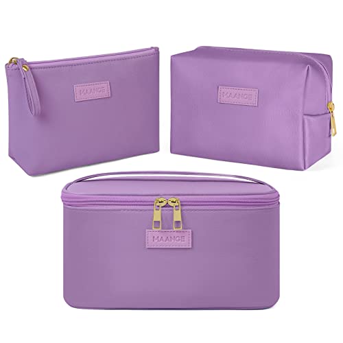 MAANGE Travel Makeup Bag - Large Makeup Bag with 2pcs Small Makeup Bag Portable Leather Cosmetic Bag Toiletry Bag Make Up Bags for Women and Girls (Purple) - color: Purple