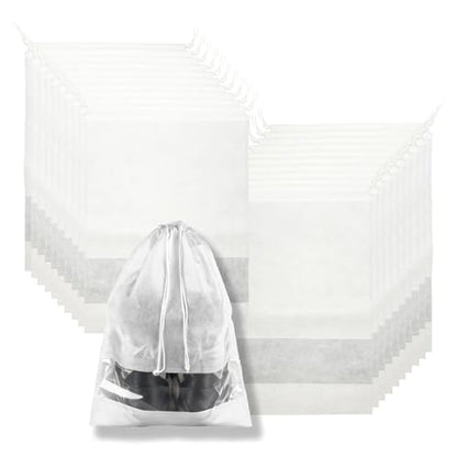 20 Pack Shoe Bags for Travel, 17" x 12.6" Drawstring Shoe Organizers with Clear Window, Breathable Non-Woven Dustproof Pouches for Luggage & Closet (White) - color: White