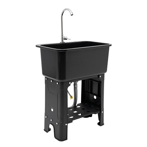 Laundry Sink, Freestanding Plastic Laundry Sink With Washboard Utility Sink Laundry Tub Indoor and Outdoor Utility Sink with Faucet Hoses Drain Kit for Laundry Room Washing Room Garden Garage - color: 23.62*15.75*30.12in -Black
