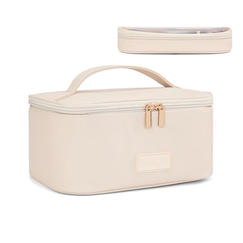 Montana West X Wrangler Travel Makeup Bag 2pcs Set Large Cosmetic Bag with Makeup Brush Holder Portable Make Up Organizer Cute Toiletry Bag with Divider and Handle for Women - color: Solid Beige