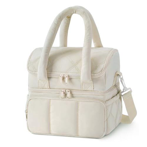 Nanxson Women Lunch Bag Double Deck Insulated Lunch Tote Bag Leakproof Quilted Puffer Lunch Box Reusable Lunch Cooler with Adjustable Strap For Work Picnic Travel Outdoor (10.9L, Beige) - color: B-Beige, size: 10.9L