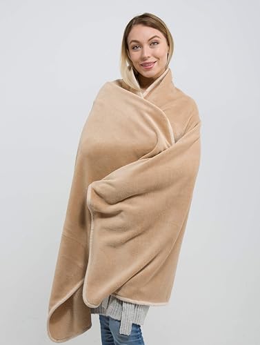 BlueHills Premium Soft 2-Pack Travel Blanket Pillows Airplane Large Plane Flight Throw Travel Blankets for Two in a Bag Compact Traveling Essentials Warm Travel Gifts Long Beige T205 - color: Beige-2pk-t205