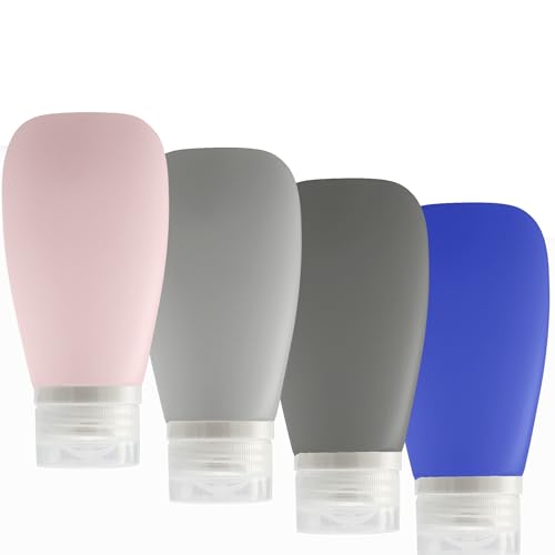 Travel Bottles for Toiletries, TSA Approved 3oz (90ml) Leak Proof Silicone Refillable Squeeze Travel Size Containers BPA Free for Cleansers, Lotions, Shampoo 4pk color (P,G,Blk,Blue) - color: Blue-Black-Pink-Gray
