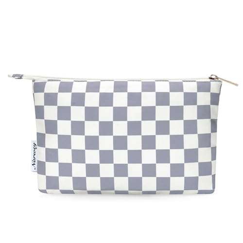 Narwey Small Checkered Makeup Bag for Purse Small Cosmetic Bag Women Travel Makeup Pouch Zipper Pouch (Grayish Blue Checkerboard) - color: AB-Grayish Blue Checkerboard