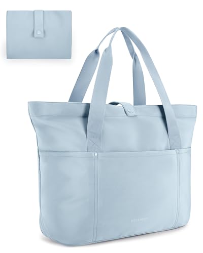 BAGSMART Tote Bag for Women, Foldable Tote Bag With Zipper Travel Shoulder Bag Handbag for Work - color: Light Blue