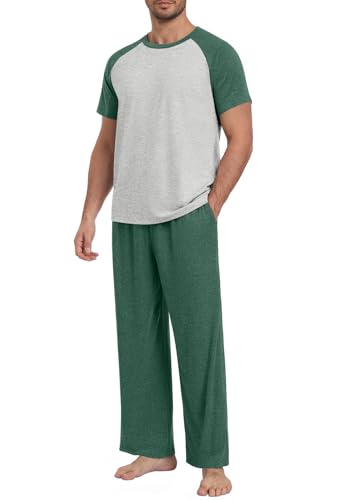 Yincro Mens Pajamas Set Lightweight Loungewear Short Sleeve Top and Pants Soft Sleepwear Pjs Sets - color: Grass Green-light Gray, size: XX-Large