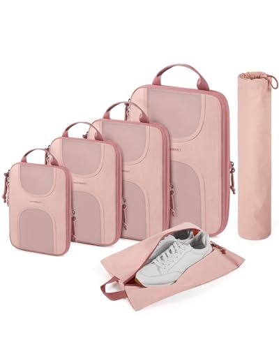 BAGSMART Compression Packing Cubes, 6 Set Packing Cubes for Suitcases, Lightweight Suitcases Organizers Bag Set & Compression Travel Cubes, Travel Essentials Packing Organizers - color: 02-Baby Pink