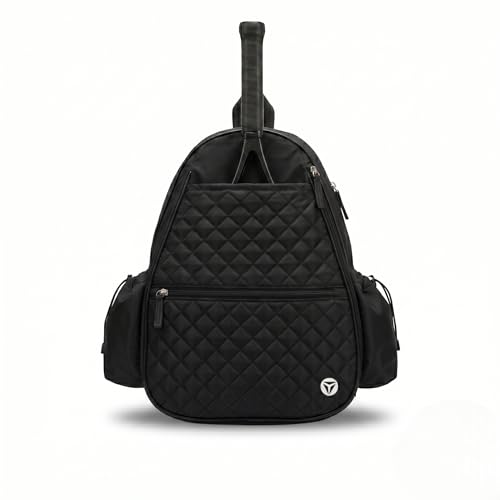 Thorza Tennis & Pickleball Backpack for Women & Men – Compact Racket Bag, Fits 1 Tennis Racket or Paddles, Lightweight Quilted Design with Bottle Pockets for Practice & Travel - color: Black