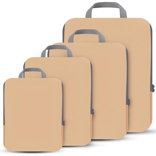 PANDA JOYS 4 Set Compression Packing Cubes Travel - Travel Accessories Expandable Packing Organizers for Carry On - Essentials Luggage Bags - Brown - color: Brown