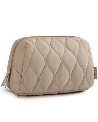 BAGSMART Makeup Bag, Travel Cosmetic Bag, Puffy Padded Make Up Bag for Women, Makeup Organizer Case, Wide-open Pouch Purse, Travel Essentials, Toiletries Accessories Brushes, Camel(Khaki) - color: D-Khaki