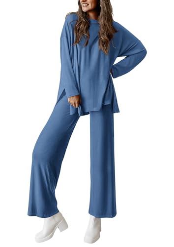 PRETTYGARDEN Women's Two Piece Lounge Sets Matching Long Sleeve Shirts Wide Leg Pants Tracksuits Travel Outfits Fall Clothes - color: Blue, size: Medium