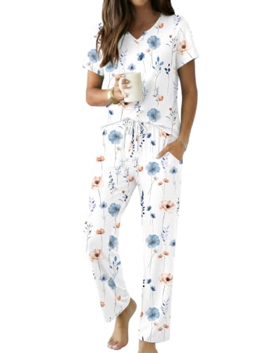 Ekouaer 2 Piece Womens Pajamas Short Sleeve Top and Long Pants Pjs Set Printed Sleepwear with Pocket - color: Elegant White and Blue Flowers, size: X-Large