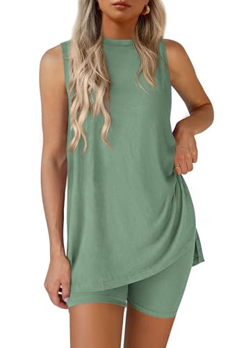PRETTYGARDEN 2 Piece Sets for Women 2026 Summer Matching Lounge Shorts Set Resort Airport Travel Loungewear Outfits Clothing - color: Bean Green, size: Medium