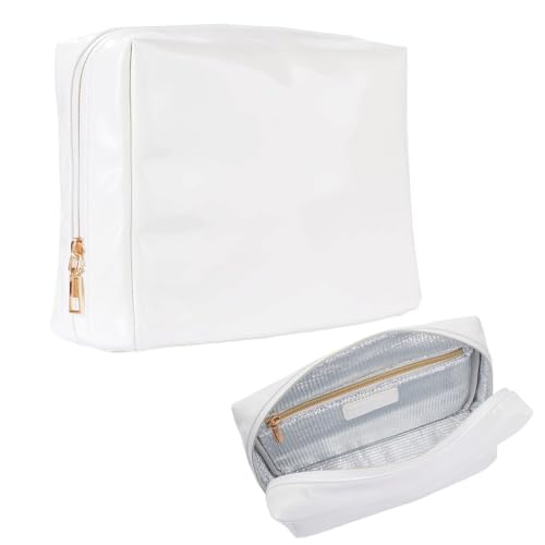 Stay Golden Insulated Waterproof Makeup Bag for Women Heat-Resistant Travel Cosmetic & Toiletry Bag | Luxurious Vegan Leather Portable Makeup Organizer (White with Gold Zipper, Medium) - color: White with Gold Zipper, size: Medium