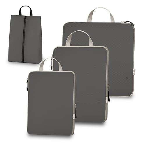 Compression Packing Cubes for Travel, Set of 4 Expandable Luggage Organizers with Shoe Bag, Lightweight Water-Resistant Suitcase Essentials for Carry-on & Checked Luggage, Grey - color: Grey, size: Set of 4