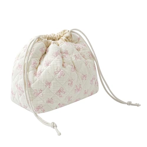 Cotton Quilted Drawstring Makeup Bag with Canvas Lining,Coquette Aesthetic Cute Travel Toiletry Bag,Drawstring Gift Bag for Women and Girls（12White Small Bow） - color: 12White Small Bow