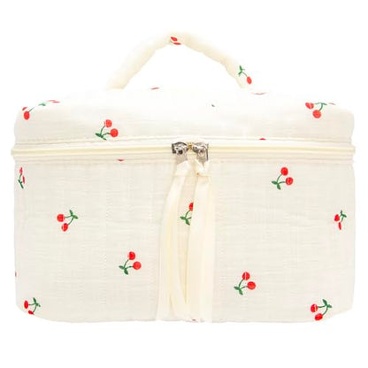 PAZIMIIK Quilted Makeup Bag Large Travel Zipper Soft Cosmetic Case for Women Girls Make Up,Cherry Beige - color: Cherry Beige, size: 1 PCS Bag