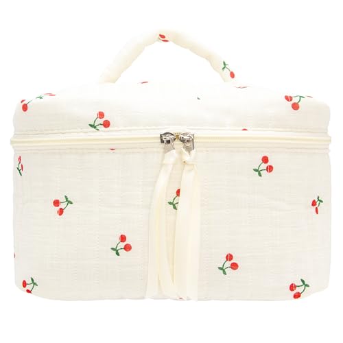 PAZIMIIK Quilted Makeup Bag Large Travel Zipper Soft Cosmetic Case for Women Girls Make Up,Cherry Beige - color: Cherry Beige, size: 1 PCS Bag