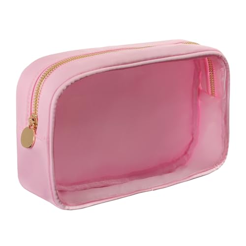 Travel Essentials Makeup Bag for Women Water-resistant Toiletry Organizer Nylon Cosmetic Pouch Preppy Stuff Clear (M,LightPinkClear) - color: Clear Light Pink, size: M