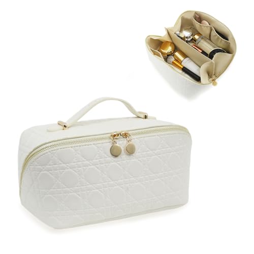 Travel Makeup Bag – Large Cosmetic Organizer with Waterproof PU Leather, Smooth Double Zipper & Tear-Resistant Lining, Toiletry Pouch for Women (White) - color: 04-White