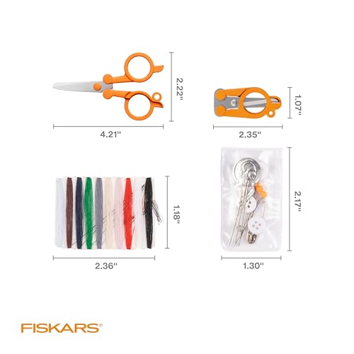 Fiskars Compact Travel Sewing Kit, TSA compliant Folding Scissors, 27-Piece Repair Set for Buttons and Hemming, Threads, Needles, 39” Measuring Tape, Small Size for Purses and Carry on, Orange - size: (Pack of 1)