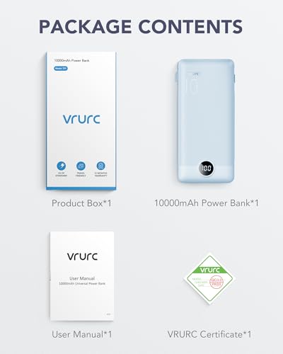 VRURC Portable Charger Built-in Cables and AC Wall Plug, USB C Power Bank 10000mAh, Travel Essentials Phone Charger Compact Lightweight External Battery Pack for Smart Phones, Tablets etc-Blue - color: Blue