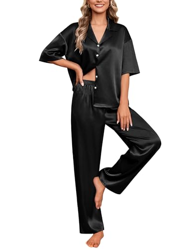 Ekouaer Silk Satin Pajamas Set Women Short Sleeve Pj Sets Button Down Sleepwear 2 Piece Soft Loungewear S-XXL - color: Black, size: X-Large