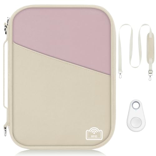 Family Passport Holder for Travel with RFID Blocking, Traveling Essentials Organizer Pouch Bag, Light Passport Wallet for Travel Must Haves Accessories for Women Men - color: Beige+Pink