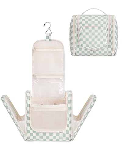 Narwey Hanging Toiletry Bag for Women Travel Makeup Bag Organizer Toiletries Bag for Cosmetics Essentials Accessories - color: ZA-Mint Green Checkerboard