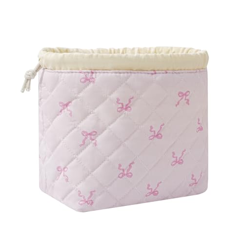 Cotton Quilted Drawstring Makeup Bag with Canvas Lining,Coquette Aesthetic Cute Travel Toiletry Bag,Drawstring Gift Bag for Women and Girls（13Small Pink Bow） - color: 13Small Pink Bow