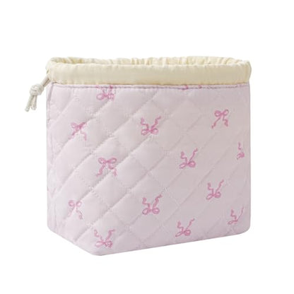 Cotton Quilted Drawstring Makeup Bag with Canvas Lining,Coquette Aesthetic Cute Travel Toiletry Bag,Drawstring Gift Bag for Women and Girls（13Small Pink Bow） - color: 13Small Pink Bow