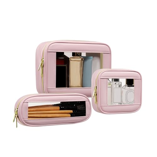 3-Piece Travel Clear Makeup Bag Set, Small Cosmetic Bag with Makeup Brush Case, Leather Waterproof TSA Approved Toiletry Bag with Zipper, Car Organization for Women (Pink-2, Mini+Slim+Medium) - color: Pink-2, size: Mini+Slim+Medium