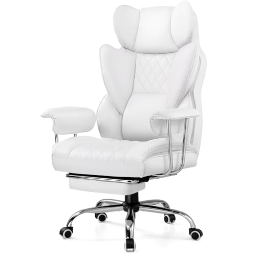 GTPLAYER Gaming Chair,Office Chair with Pocket Spring Lumbar Support, Ergonomic Comfortable Wide Office Desk Computer Chair with Outward Fixed Soft Armrests and Footrest,(PU Leather, White) - color: White