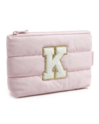 BAGSMART Personalized Makeup Bag with Initial, Pink Small Cosmetic Travel Organizer, Water-Resistant Pouch for Women & Teens for Bridesmaid Graduation (Initial-K, Small) - color: Initial-K, size: Small