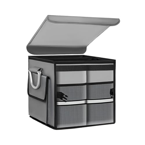 Trunk Organizer with Lid, 28L Collapsible 2-Compartment Car Storage Box with Reinforced Handles, Multipurpose Waterproof Oxford Storage Organizer for SUVs Sedans Trucks (Gray) - color: Gray