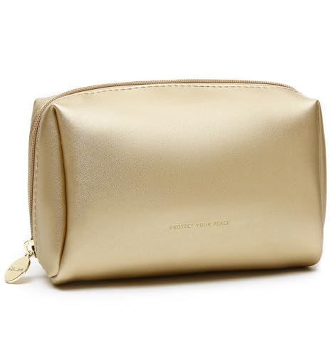Aveniee Small Travel Makeup Bag, Vegan Leather Cosmetic Pouch for Purse,Wide-open Toiletry Organizer with Dividers & Zipper, Beauty Storage for Women-Gold - color: Gold, size: Small