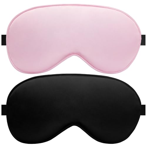 Flat Sleep Eye Mask for Men Women, Silk Sleep Mask for Side Sleeper, Travel Blackout Night Blindfold Eye Shade Cover with Adjustable Strap, Non-3D (Black & Pink) - color: Black & Pink