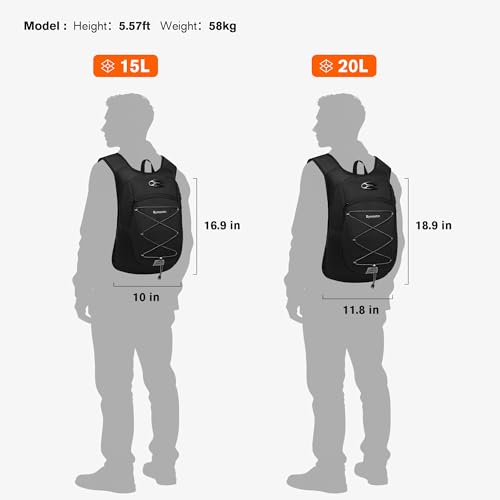 Ultra-Light Soft Daypack 15L/20L, Cushioned Breathable Back Panel Backpack, Lightweight Packable Travel Backpack (Black, 20L) - color: Black, size: 20L
