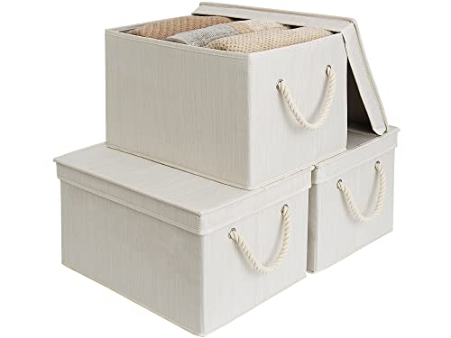 StorageWorks Storage Bins with Lids, Decorative Storage Boxes with Soft Rope Handles, Foldable Stackable Storage Baskets for Closet, Shelves, 3-Pack, Ivory and White, Jumbo - color: Ivory and White, size: Jumbo