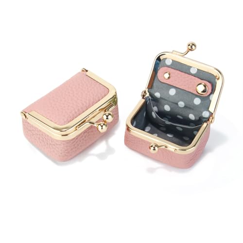 Genuine Leather Mini Jewelry Box Coin Purse for Women,Solid Color Kiss Lock Jewelry Case Organizer,Mini Travel Ring Box - color: Pink