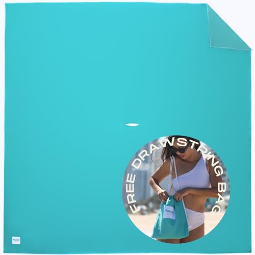Plush Microfiber Beach Blanket, Large Beach Mat for 1-4 Persons, Sandproof, Windproof | Hole for Umbrella, Corner Sand Pockets to Fight Wind (Bag for Blanket Included) - color: Teal, size: Large