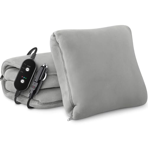 Car Heated Blanket, 12/24V Portable Heated Blanket for Car, Machine Washable Flannel Travel Blanket, 3 Heating Levels, 60x44 Inches, 4-in-1 Design, Convenient Storage for Camping,Grey - color: Pro Grey