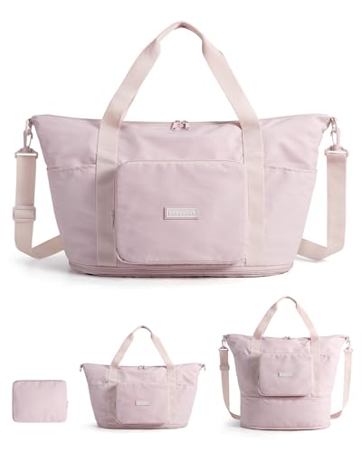 BAGSMART Foldable Travel Bag, 37L Expendable Personal Item Bag, Lightweight Weekender Bags for Women, Water Resistant Extra Carry on for Travel, Pink - color: Pink