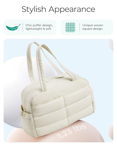 BAGSMART Gym Bag for Women, Lightweight Puffer Duffle Bag 2-PC Travel Bag, 31L Weekender Overnight Bag Quilted Carry On Tote Bag, Diaper Hospital Dance Bag for Travel, Gym, Water Resistant, Beige - color: Beige