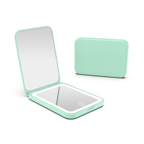 Kintion 2025 Pocket Mirror, Rechargeable Dimmable 3 Color Lighting 1X/3X LED Compact Travel Makeup Mirror for Purse, Portable, Folding, Handheld, Small Lighted Mirror for Women Gift, Cyan - color: Cyan