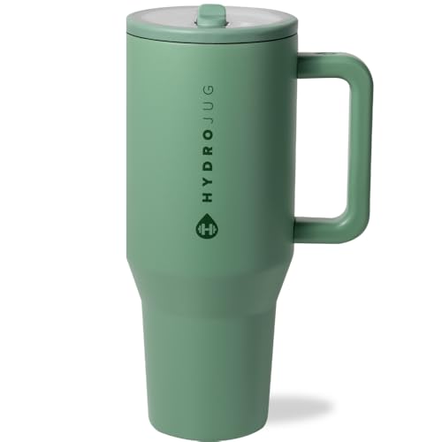 HydroJug Traveler - 40 oz Water Bottle with Handle & Flip Straw - Fits in Cup Holder, Leak Resistant Tumbler-Reusable Insulated Stainless Steel & Rubber Base - Gifts for Women & Men, Sage - color: Sage, size: 40oz