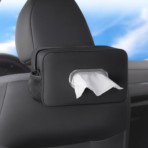 Multi-Functional Car Tissue Holder with ‌2 Storage Nets, Upgraded PU Leather Tissue Box Cover, Large Rectangle Napkin Organizer Fit for 100-160 Regular Size Tissues, Keep Car Tidy, Black - color: Black