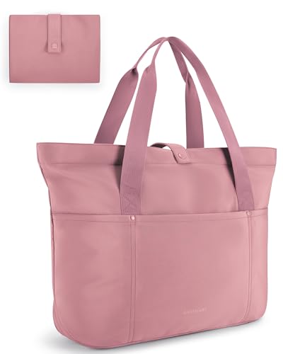 BAGSMART Tote Bag for Women, Foldable Tote Bag With Zipper Travel Shoulder Bag Handbag for Work - color: Dark Pink